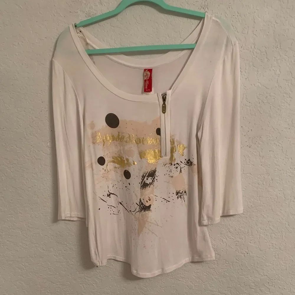 Apple Bottoms White and Gold 3/4 Sleeve Zipper Back Women's Top Size XL